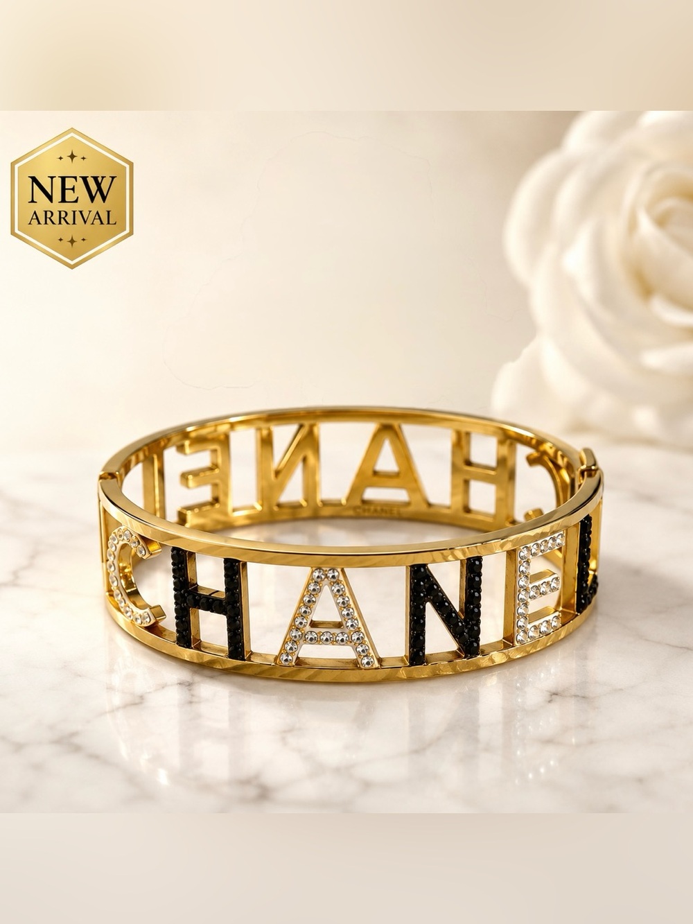 ✨ Gold-Tone Logo Cutout Crystal Bangle Bracelet ✨